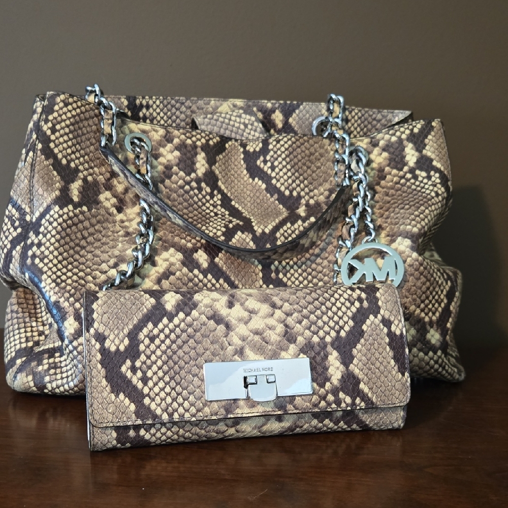 Michael Kors Brown Snake Print Shoulder Bag Set